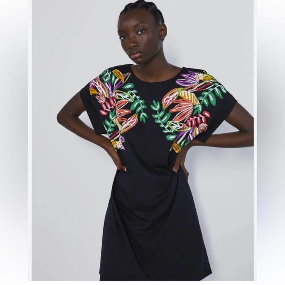 Zara Black Mini Dress with Vibrant Floral Pattern